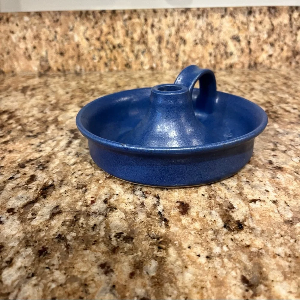 Vintage 90s Blue Pottery Hand Thrown Candlestick Taper Candle Holder Cottagecore